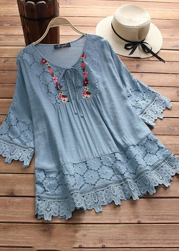Lace Neck Summer T Patchwork Women Apricot Shirt O