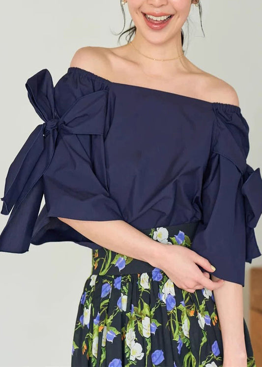 Cold Cotton Women Top Summer Navy Shirt Shoulder