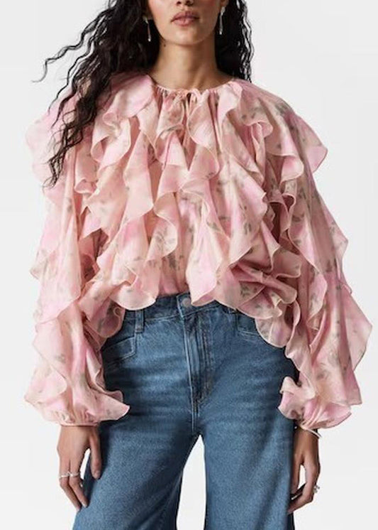 Fall Women Ruffled Pink Chiffon Patchwork Tops Shirt