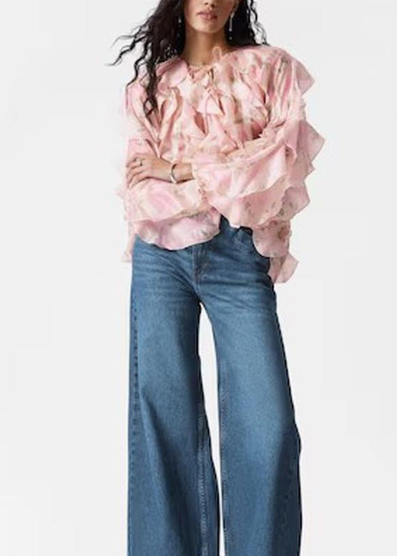 Fall Women Ruffled Pink Chiffon Patchwork Tops Shirt