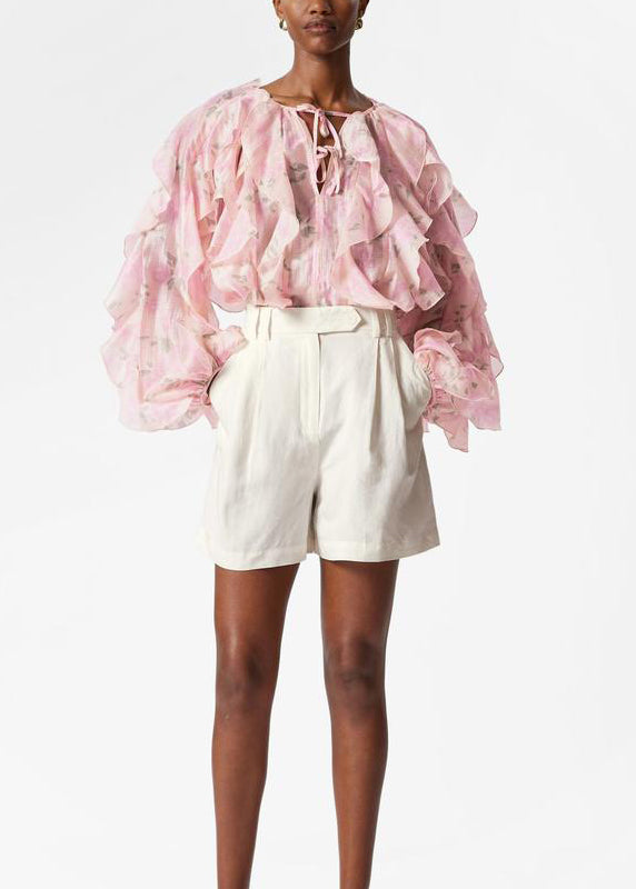 Fall Women Ruffled Pink Chiffon Patchwork Tops Shirt