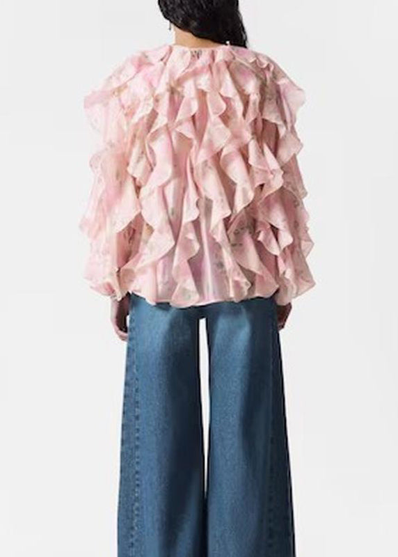 Fall Women Ruffled Pink Chiffon Patchwork Tops Shirt