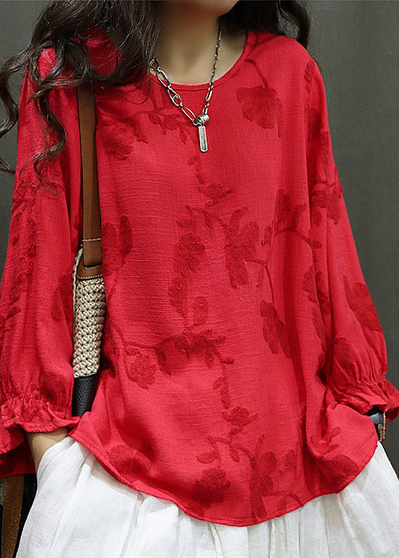 O Sleeve Embroidered Neck Red Lantern Shirt Women Tops Linen