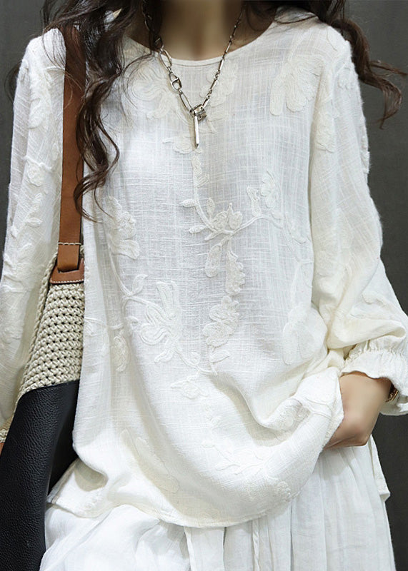 O Sleeve Embroidered Neck Red Lantern Shirt Women Tops Linen