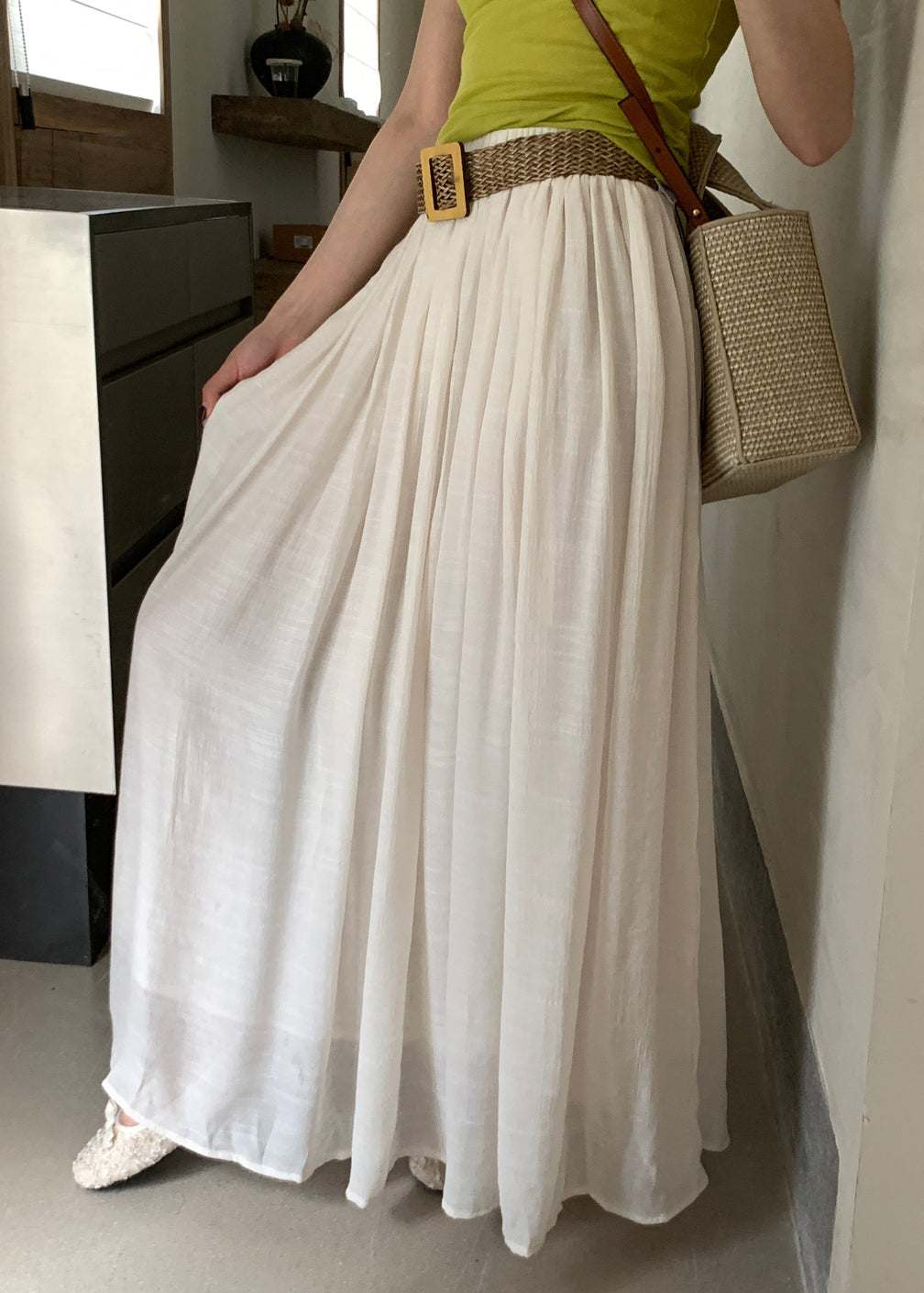 Solid White Waist Cotton Summer Women Wrinkled Elastic Skirts