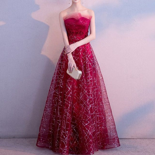 Strapless Glitter Mesh Maxi Evening Gown