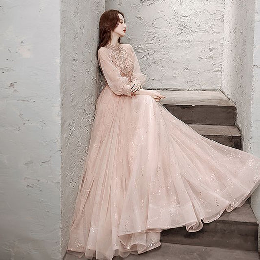 Long-Sleeve Sequin Mesh A-Line Evening Gown