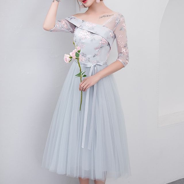One-Shoulder Floral Embroidered A-Line Bridesmaid Dress