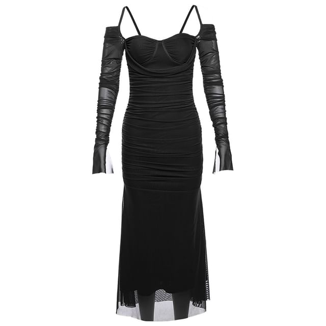 Long-Sleeve Cold Shoulder Plain Ruched Midi Sheath Dress