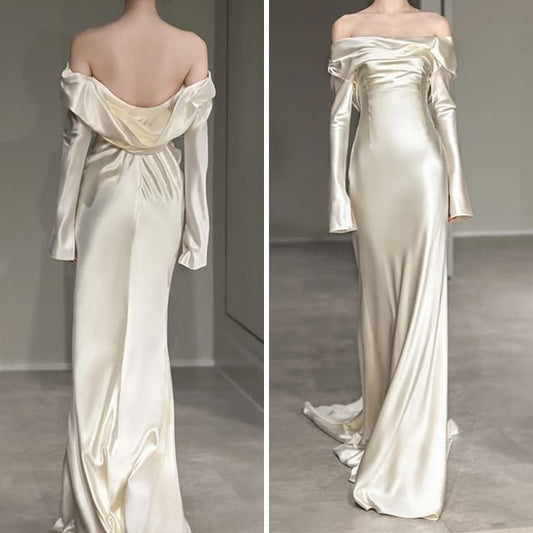 Long-Sleeve Off Shoulder Plain Sheath Wedding Gown