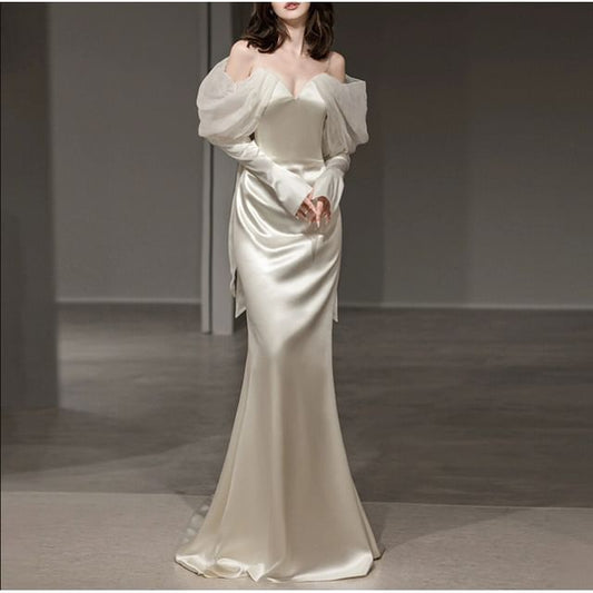 Long-Sleeve Cold Shoulder Plain Mermaid Sheath Wedding Gown