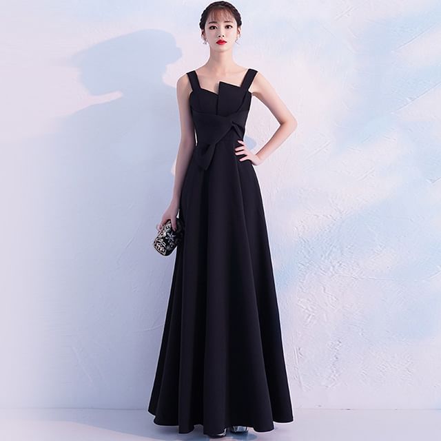 Wide Strap Plain Asymmetrical Knotted A-Line Evening Gown / Cocktail Dress