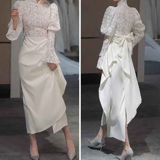 Long-Sleeve Lace Asymmetrical Sheath Evening Gown