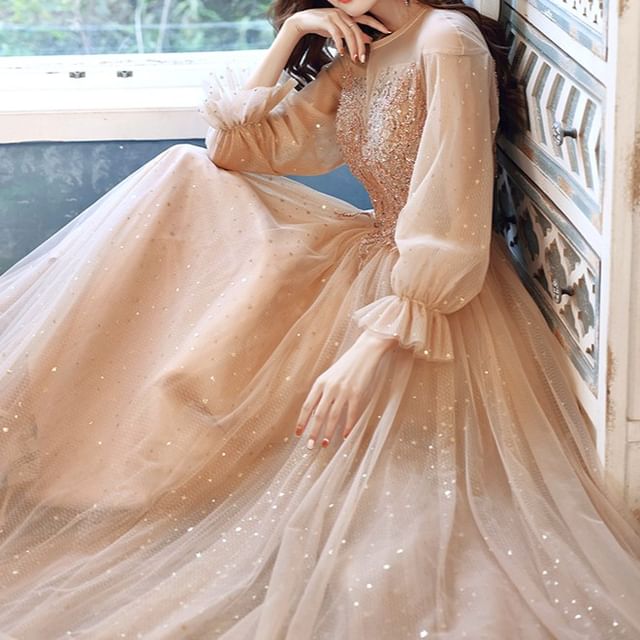 Long-Sleeve Sequin Mesh A-Line Evening Gown / Dress