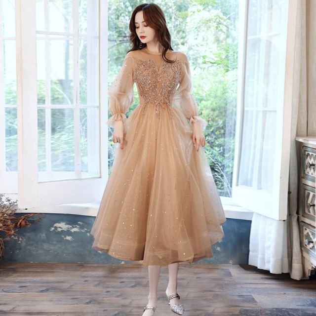 Long-Sleeve Sequin Mesh A-Line Evening Gown / Dress