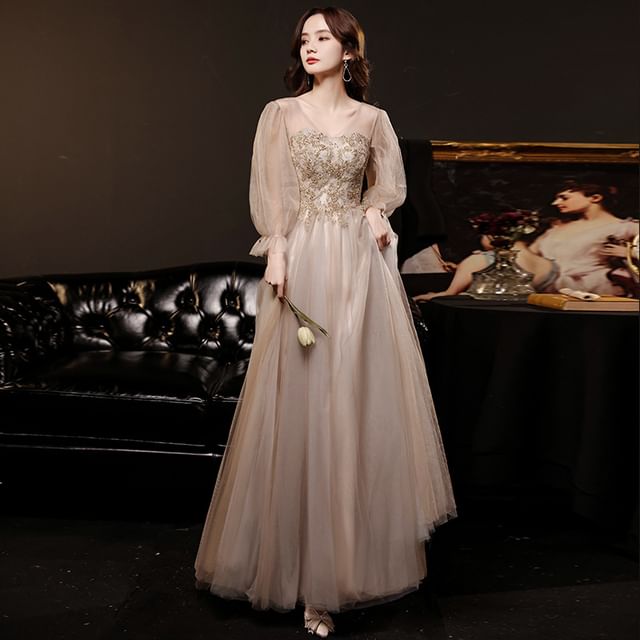 Long-Sleeve V-Neck Mesh A-Line Evening Gown / Dress