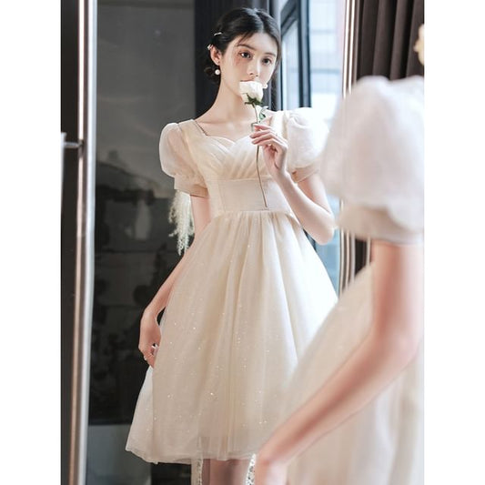 Short-Sleeve V-Neck Glitter A-Line Evening Gown / Party Dress