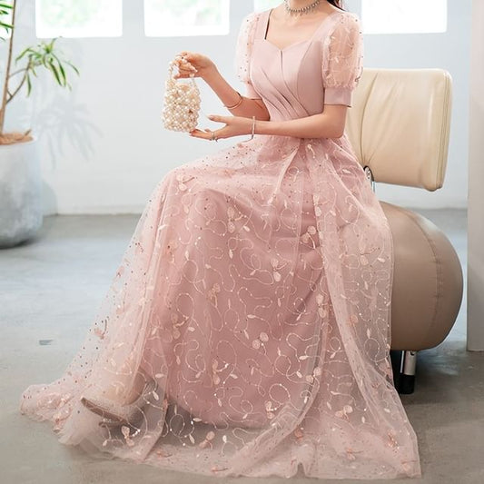 Short-Sleeve Square Neck Glitter A-Line Evening Gown (Various Designs)