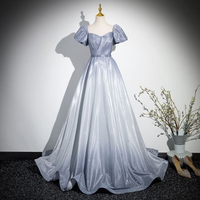 Short-Sleeve Square Neck Gradient A-Line Evening Gown