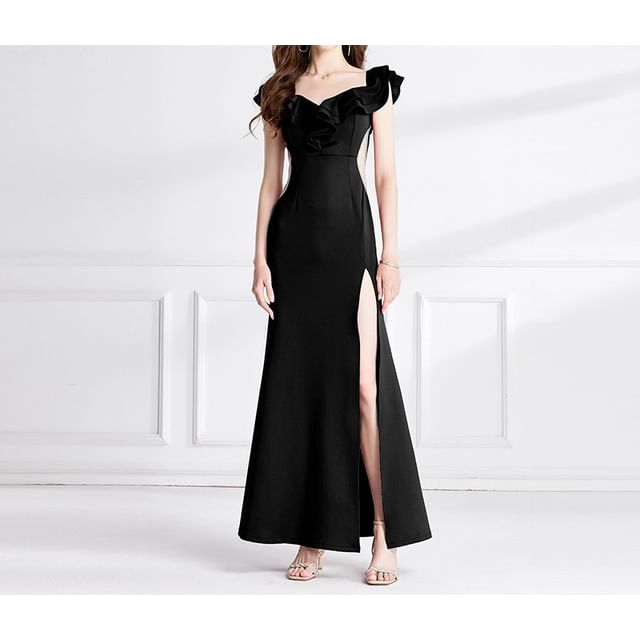 Short-Sleeve Plain Ruffle Side-Slit Mermaid Evening Gown