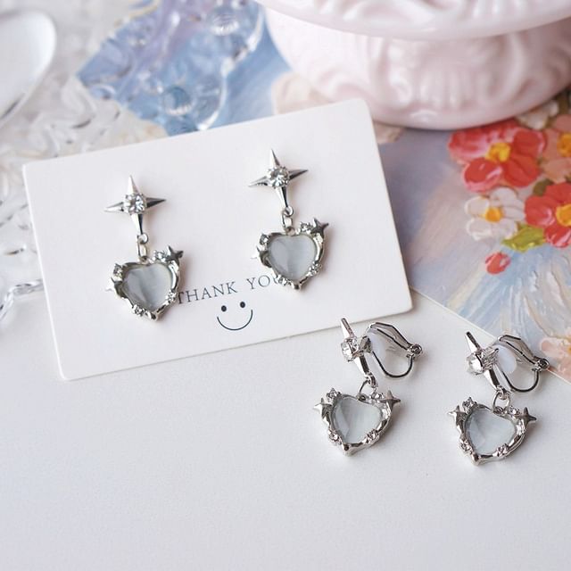 / Rhinestone Heart Earring Drop On Clip