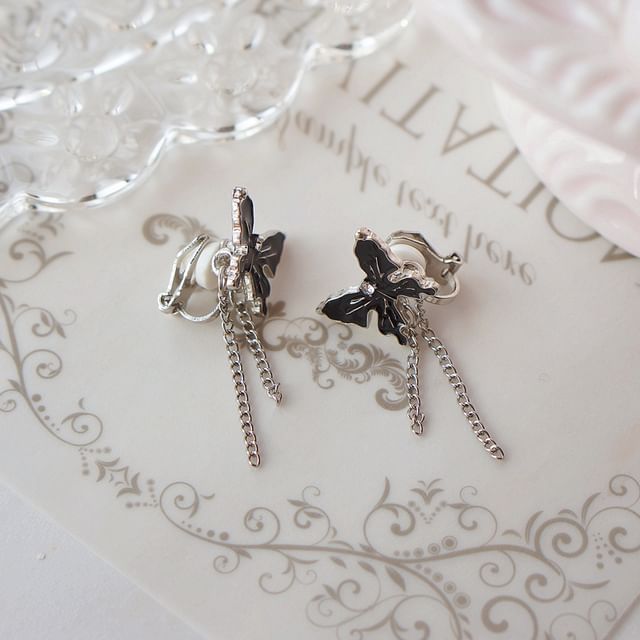 / Clip Enamel Butterfly Drop On Earring