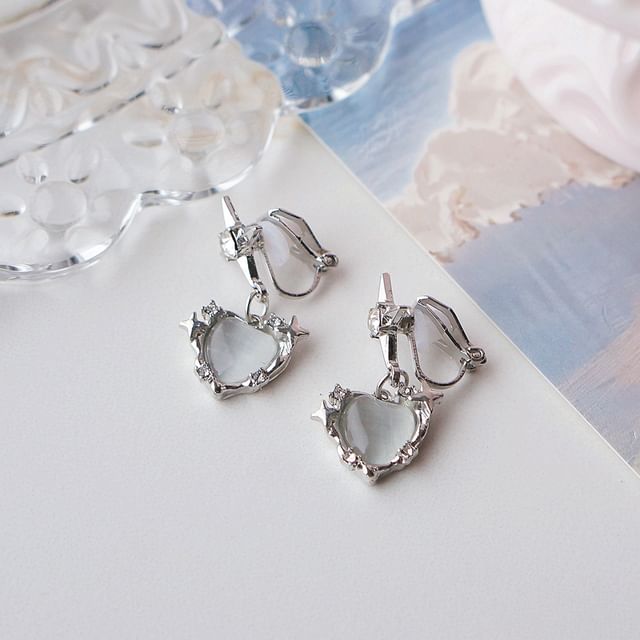 / Rhinestone Heart Earring Drop On Clip
