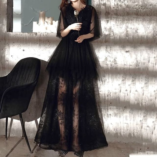 Flared-Sleeve Flower Embroidered A-Line Evening Gown