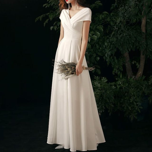 Short-Sleeve V-Neck Plain A-Line Evening Gown / Midi Cocktail Dress