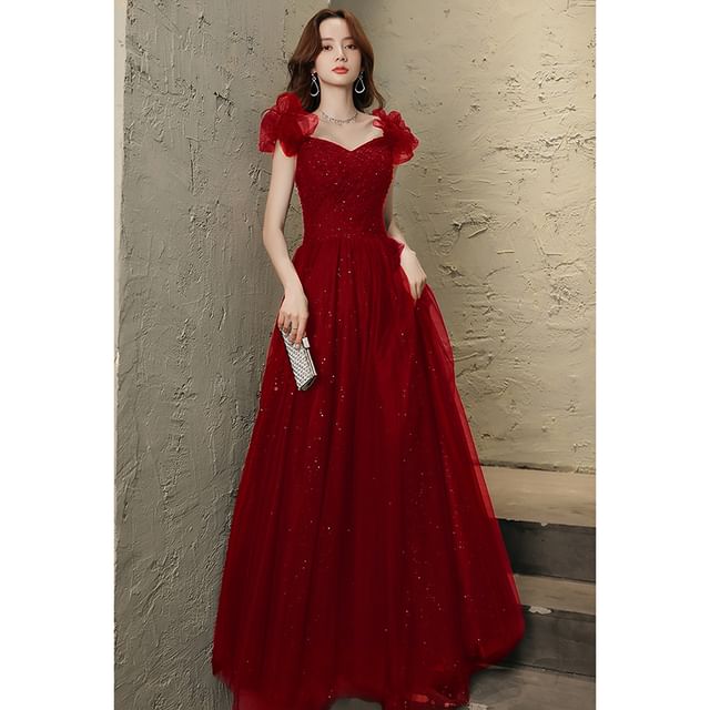 Short-Sleeve V-Neck Mesh A-Line Evening Gown