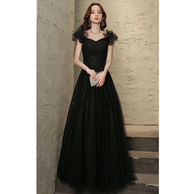 Short-Sleeve V-Neck Mesh A-Line Evening Gown