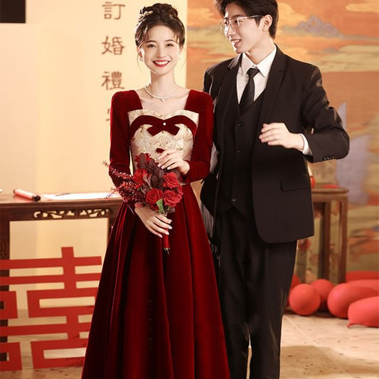 Long-Sleeve Bow Velvet A-Line Evening Gown