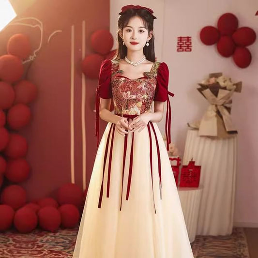 Short-Sleeve Floral Bow Mesh A-Line Evening Gown