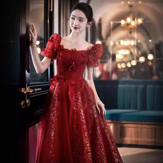 Short-Sleeve Flower Accent Sequin A-Line Evening Gown