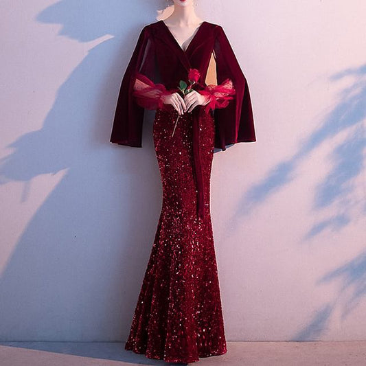 Flared-Sleeve Sequin Maxi Mermaid Evening Gown