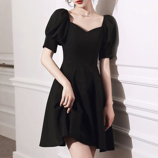 Puff-Sleeve Plain Mini A-Line Dress