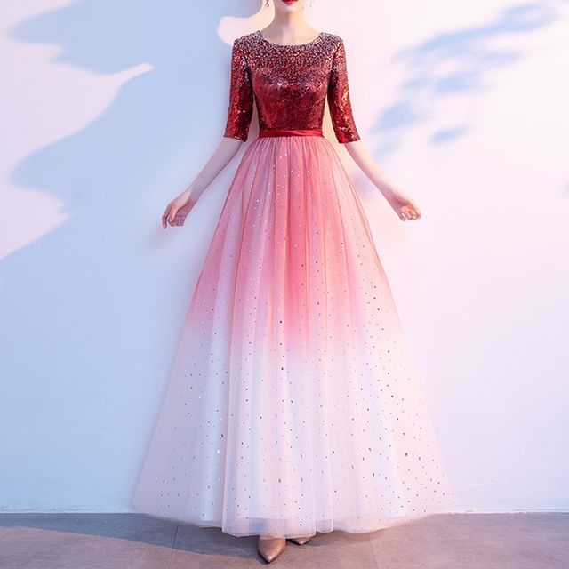 Elbow-Sleeve Gradient Sequin A-Line Evening Gown