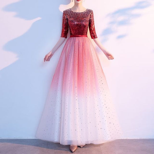 Elbow-Sleeve Gradient Sequin A-Line Evening Gown