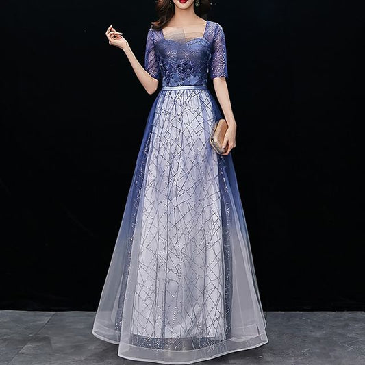 Flower Embroidered Sequin A-Line Evening Gown