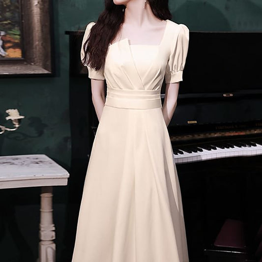 Puff-Sleeve Square Neck Plain Ruched A-Line Dress / Midi Dress