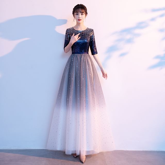 Elbow-Sleeve Gradient Sequin A-Line Evening Gown