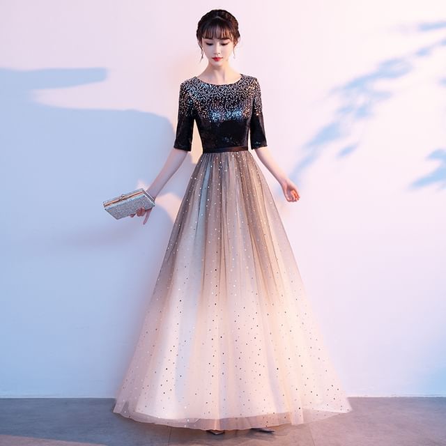 Elbow-Sleeve Gradient Sequin A-Line Evening Gown