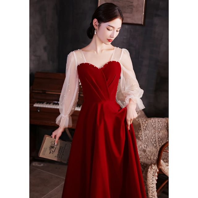 Puff-Sleeve Plain Faux Pearl A-Line Evening Gown / Midi Dress