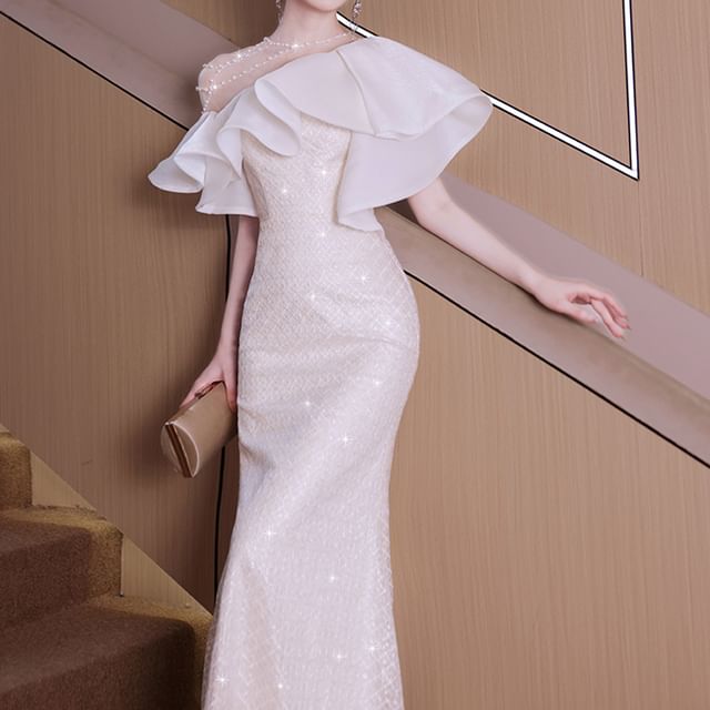 Short-Sleeve Ruffle Trim Beaded Sequin Mermaid Evening Gown