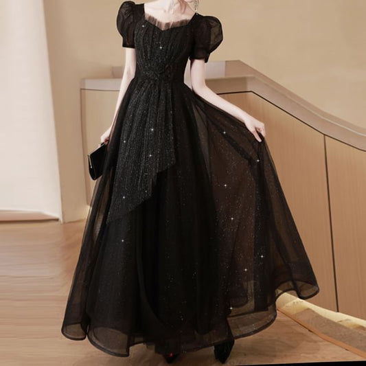 Short-Sleeve Plain Sequin A-Line Evening Gown