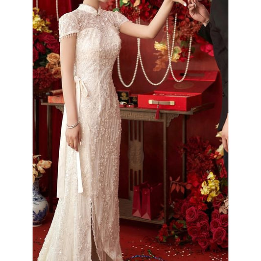 Short-Sleeve Bead Fringe Bow A-Line Evening Gown