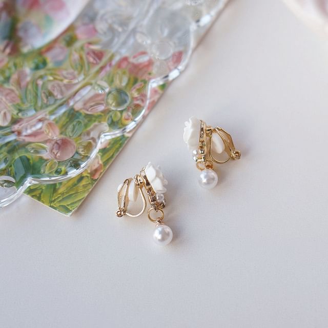 / Clip-On Faux Earring Pearl Floral Rhinestone Drop