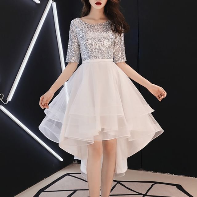 Short-Sleeve Sequin Mesh Panel A-Line Cocktail Dress (Various Designs)