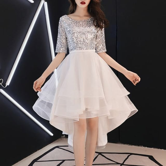 Short-Sleeve Sequin Mesh Panel A-Line Cocktail Dress (Various Designs)