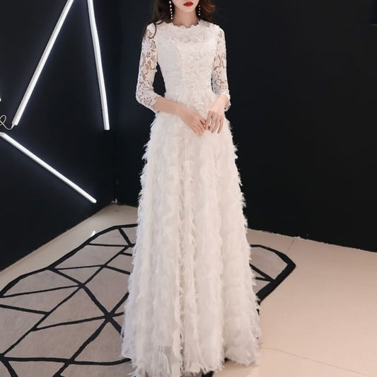 3/4-Sleeve Round Neck Lace Fringed A-Line Evening Gown / Midi Dress